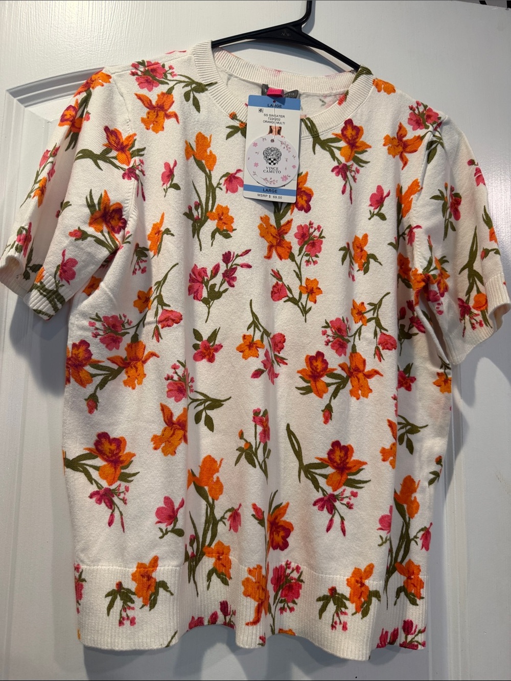 Vince Camuto Cream Short-Sleeve Knit Top with Pink & Orange Floral Print